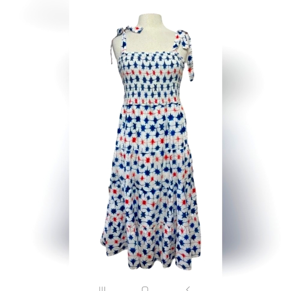 JCREW NWOT! SMOCKED TIE SHOULDER TIERED STARS DRESS SIZE SMALL